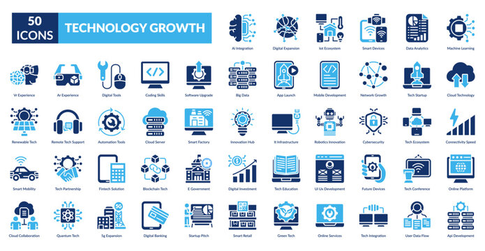 Technology Growth Fill Icon Set. Technology, Growth, Innovation, Digital, Automation, Artificial, Intelligence