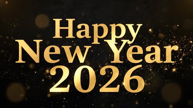 Golden text animation displaying "Happy New Year 2026" with sparkling effects and a dark background, creating a festive atmosphere for New Year's celebrations