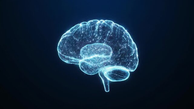 Abstract Digital Brain: A luminous, glowing digital representation of a human brain, composed of intricate particles and glowing blue lines against a dark background, symbolizing thought.