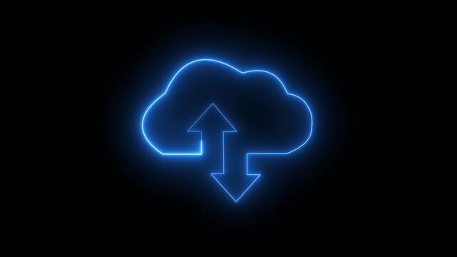 abstract Glow neon cloud storage with arrows, looped animation. Cloud space and technology, data backup icon 4k video.