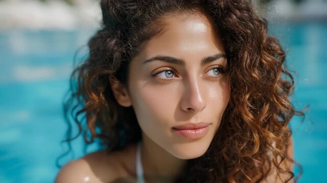 Young woman looking directly at camera in pool water