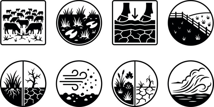 Overgrazing and Soil Erosion Environmental Impact Vector Icon Set Featuring Herd Livestock, Trampled Ground, Hoof Soil Compaction, Dust Storm, and Desertification Crisis Graphics