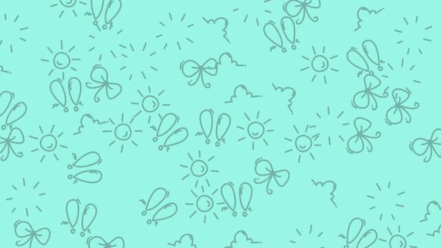 Green pattern with hand drawn suns, bows, and clouds. Perfect for summerthemed designs, stationery, wallpapers, and social media graphics.