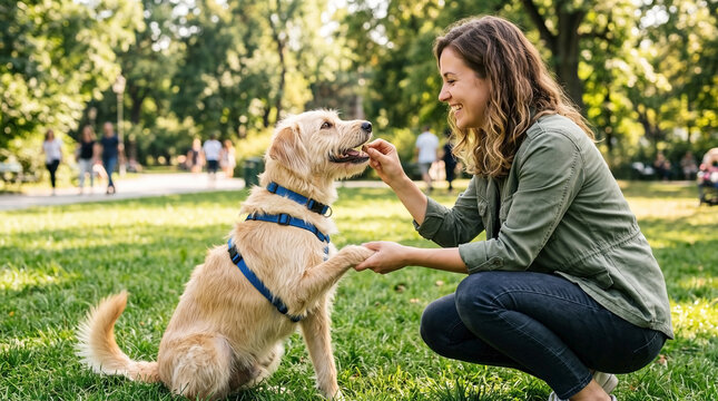 Owner hand feeding dog treat in a park with happy golden retriever sitting on grass. Outdoor interaction includes petting and rewarding for good behavior, creating joyful bonding experience.