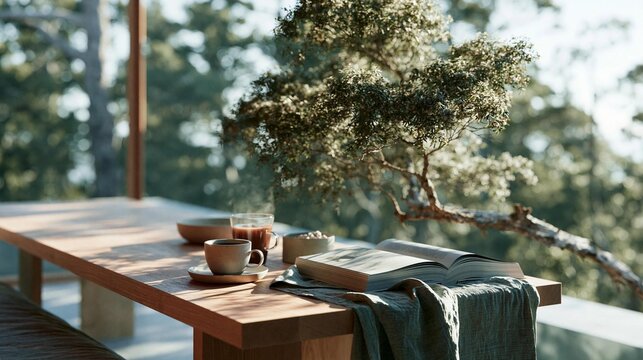 Wooden table with a book and a cup of coffee on it. the table is set up on a balcony with a view of trees and greenery in the background.