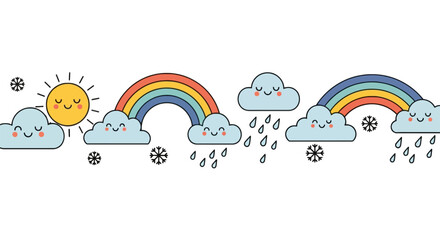 Obraz premium Cute weather icons with sun clouds rainbows and rain