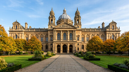 Obraz premium Historic University Campus Architecture with Classical Buildings Library Interior and Autumn Landscape