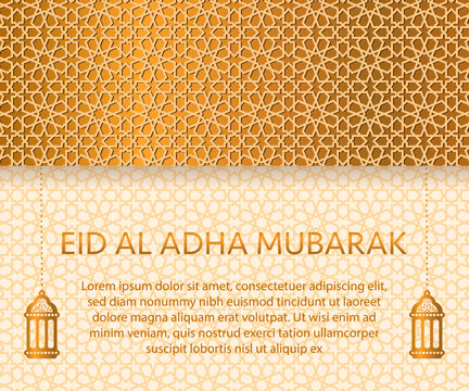Eid Al Adha background with gold Arabic Islamic pattern. Oriental Ramadan Eid Mubarak greeting card