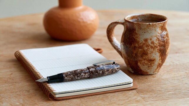Wooden table with a notebook and a pen on it. the notebook is open and has a grid-like pattern on the pages. next to the notebook, there is a small orange vase and a brown ceramic mug with a handle.