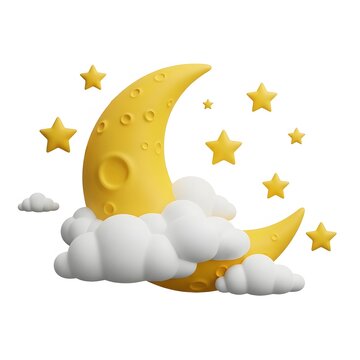 Golden crescent moon on fluffy clouds with stars