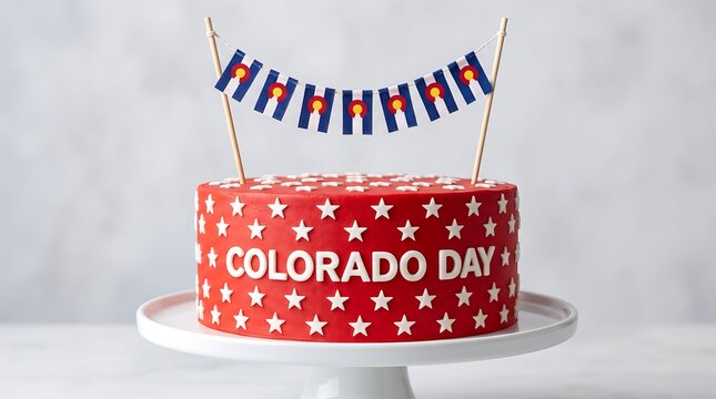 White and red stars birthday cake decorated with mini flag bunting for Colorado Day celebration.