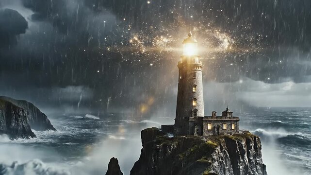 A Dramatic Night Storm Illuminates a Lone Lighthouse Standing on Jagged Seacliff