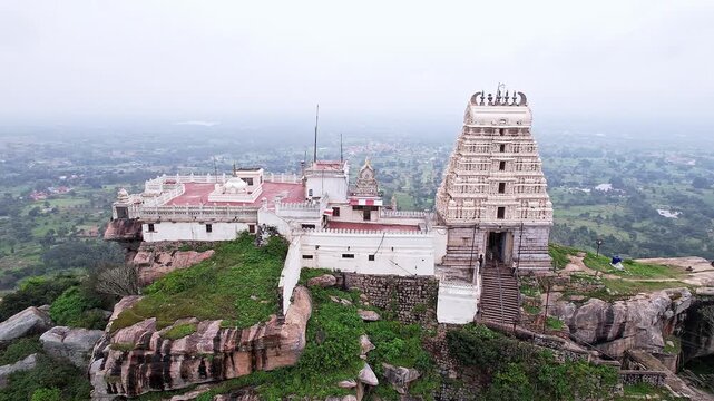 Drone view of Melkote temple and surrounding scenic landscape with heritage beauty