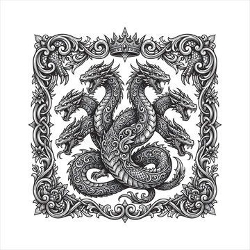 Intricate seven-headed hydra dragon surrounded by an ornate floral and Celtic-inspired frame with a royal crown. Detailed monochrome fantasy line art isolated background