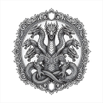 Highly detailed seven-headed hydra dragon surrounded by ornate Celtic-inspired filigree in a symmetrical monochrome line art composition. Fantasy heraldic illustration isolated background