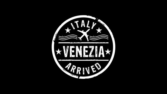 Venezia Venice Italy arrived stamp and hand stamping impact isolated animation. Flight arrival 3D concept. Alpha matte channel.