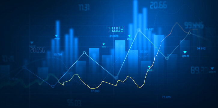 Stock trading market investment data and analysis finance graph.Business financial chart with moving up arrow graph.Financial data charts with glowing stock market graphs.