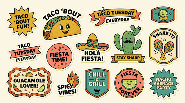 Vector set of retro Mexican themed stickers featuring cartoon taco characters, cactus, sombrero, and chili peppers with vintage typography and halftone texture on cream background.