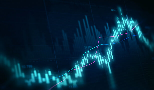 Stock trading market investment data and analysis finance graph.Business financial chart with moving up arrow graph.Financial data charts with glowing stock market graphs.