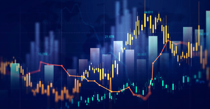 Stock trading market investment data and analysis finance graph.Business financial chart with moving up arrow graph.Financial data charts with glowing stock market graphs.