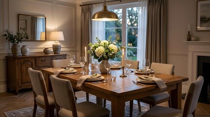 Obraz premium Elegant dining room with table set.