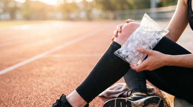 Close up view of runner leg in black sportswear with transparent plastic ice pack filled with melting ice cubes held tightly against side of knee joint outdoor running track backdrop layout