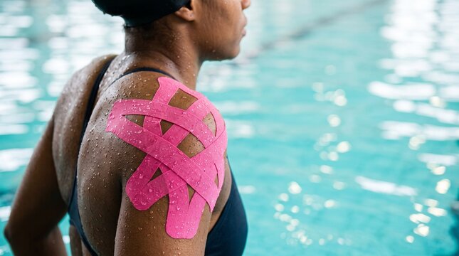 Bright close up view of swimmer wet shoulder covered with micro water droplets and cross pattern of pink therapeutic tape over shoulder joint muscle clean turquoise swimming pool layout backdrop