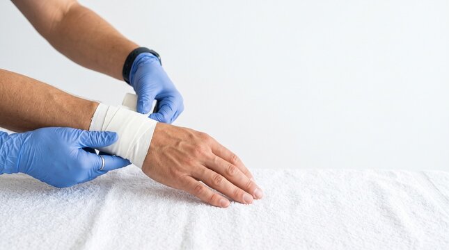 Bright commercial view of athlete hand resting on clean white linen surface while physiotherapist applies thick white zinc oxide rigid strapping tape around wrist joint for stability layout