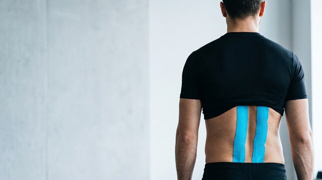 Close up back view of athlete in black compression shirt with vertical neon blue kinesiology tapes applied along lower back and lumbar spine muscles clean light grey gym wall background layout