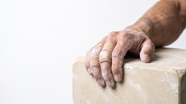 Macro studio view of athlete palm and fingers heavily dusted with white magnesium chalk powder with targeted beige medical tape supporting finger tendons on smooth light beige stone block layout