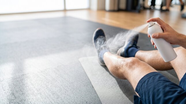 High angle view of hand holding plain unprinted matte white aerosol can spraying cooling vapor mist onto athlete calf muscle on solid grey fitness mat surface diffused daylight layout backdrop