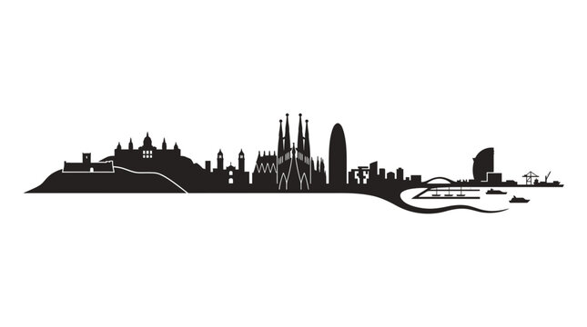 Barcelona Skyline Silhouette with Sagrada Familia and Guitar Shape