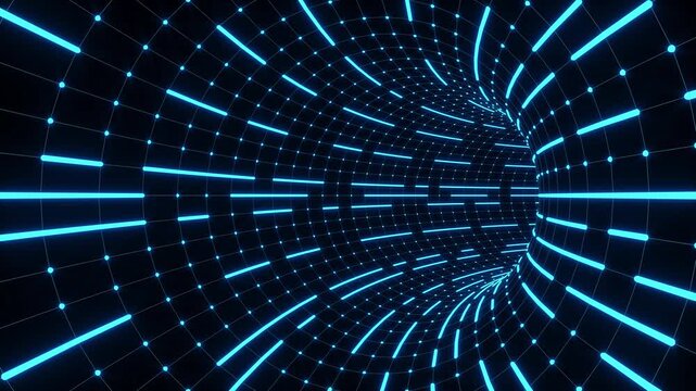 High speed journey inside an abstract network matrix tunnel. Blue glowing dots and lines forming a continuous looping motion graphic vortex. Great for internet speed and computing concept.