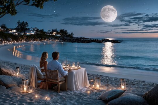 Romantic beach dinner under a full moon with gentle waves and candlelight ambiance