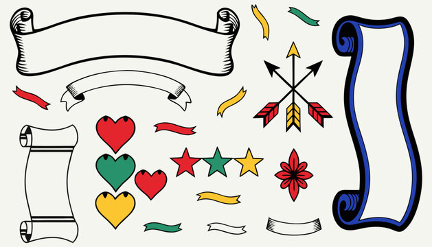 Retro element set containing banner, scroll, ribbon, heart, star, flower and arrow symbol. Vintage collection for design presentation, poster, banner, print. Vector illustration