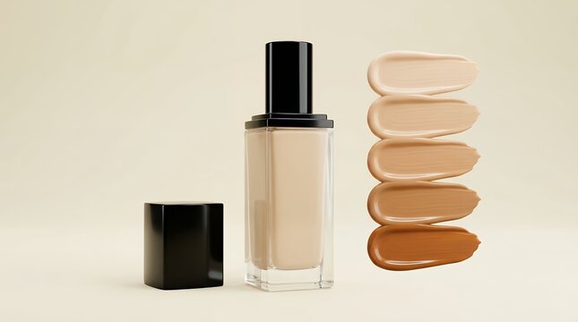 Liquid foundation bottle with makeup swatches, professional cosmetic product packaging, diverse skin tone concealer cream samples on beige background