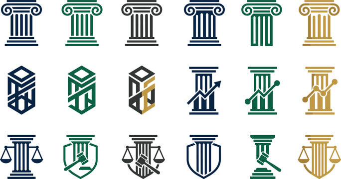 Law Firm Logo Icon Set with Legal Pillars, Scales of Justice, Gavel Shields, and Financial Growth Graph Vectors