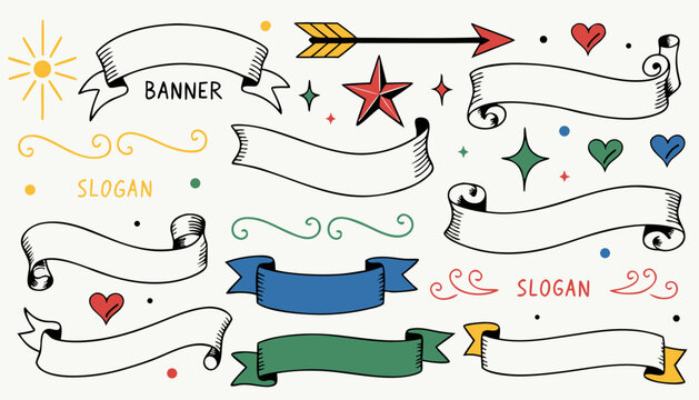 Retro collection of hand drawn ribbon banner and scroll element with star and heart shape symbol. Vintage tattoo style design graphic for poster, banner and print vector