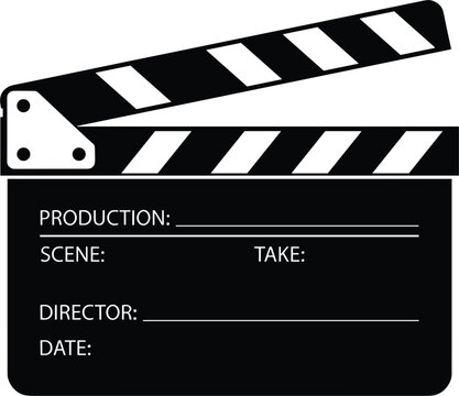 Open movie clapperboard black silhouette vector illustration with production scene take director and date text fields