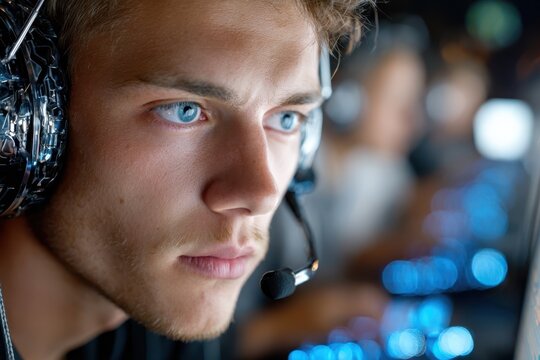 Close Up Gamer Wearing Headset Focused on Screen