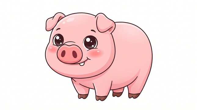 A premium cute cartoon pig character illustration featuring an adorable pink pig standing in a front-facing pose on a clean white background. The pig has a round chubby body, oversized expressive eyes