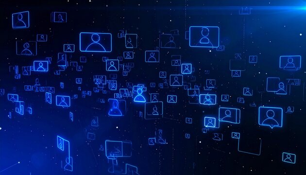 Glowing avatars hover above digital grid, symbolizing online connectivity, social networks, and the seamless exchange of data within virtual landscapes of modern communication.