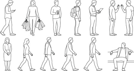 Obraz premium Walking and Standing People Outline Character Collection with Business Lifestyle Shopping and Communication Vector Set