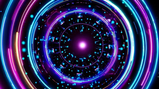 Colorful abstract circular light patterns with glowing neon rings and particles creating a dynamic visual effect in a dark background setting