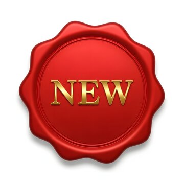 Red seal button with gold new text