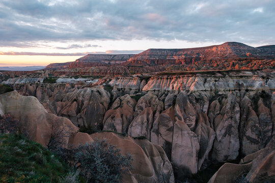 Breathtaking rock formations at sunset in Cappadocia, Turkey