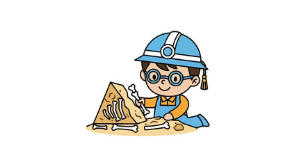 Young archaeologist boy discovering dinosaur fossils in rock © andi