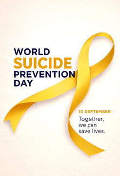 Yellow awareness ribbon for world suicide prevention day with inspiring message and date