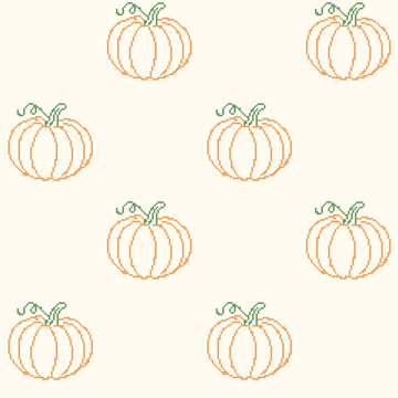 Autumn pumpkin cross stitch embroidery seamless pattern. Vintage pixelated needlework repeating background with handmade orange squash vector illustration.