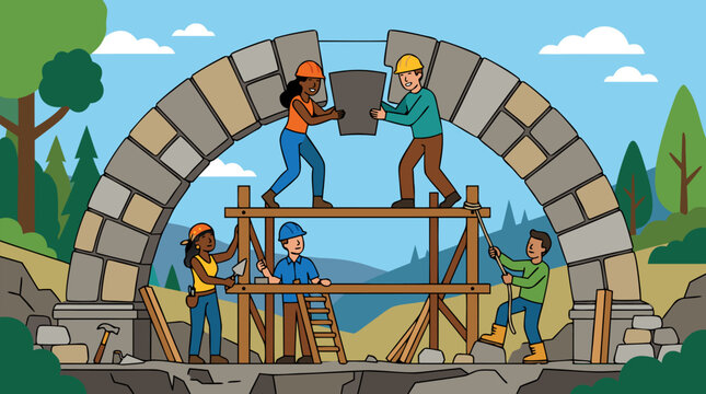 Diverse multicultural construction team collaboratively placing final keystone completing magnificent curved stone arch bridge structure scenic outdoor landscape clear blue skies professional safety